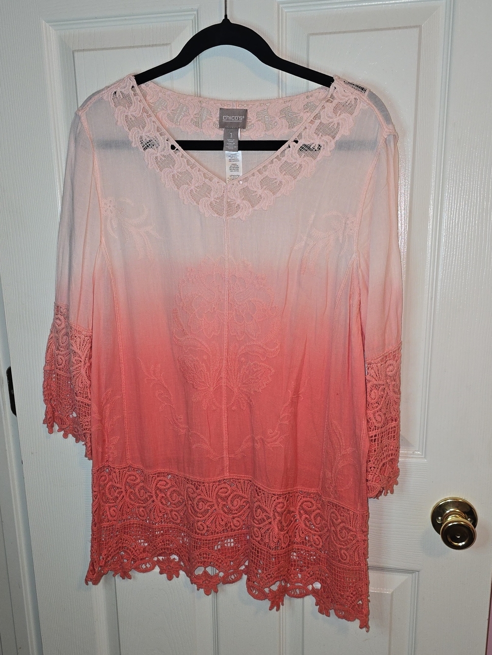 Chico's Coral to Pink Ombre Lace-Trim Tunic